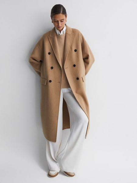 Relaxed Wool Blend Double Breasted Coat in Camel (N36482) | £178