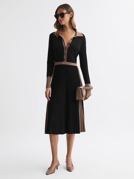 Knitted Colourblock Pleated Midi Dress in Black/Camel (N36488) | £238