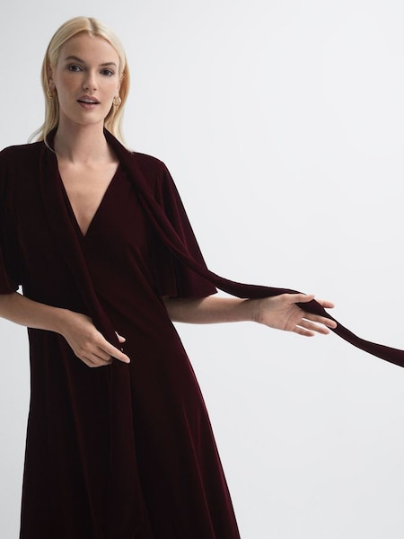 Florere Velvet Tie Neck Midi Dress in Burgundy (N36489) | £90