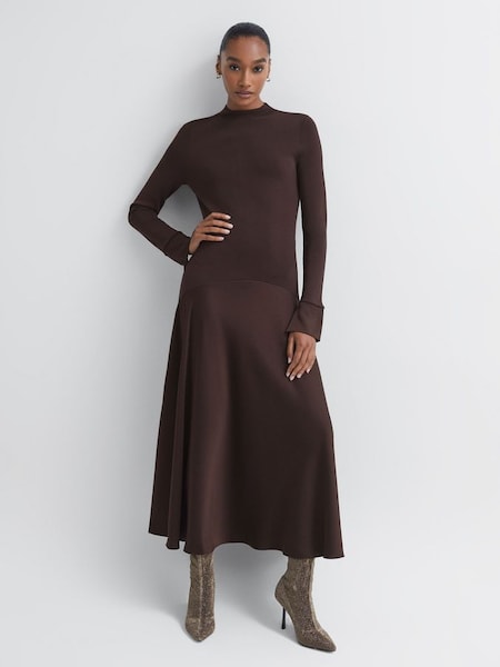 Florere Knitted Satin Midi Dress in Chocolate (N36491) | £198