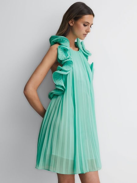 Amur Halter Neck Frill Mini Dress in Green (N36929) | £518