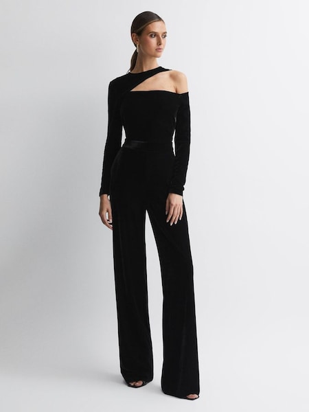 Velvet Off-The-Shoulder Jumpsuit in Black (N36938) | £178