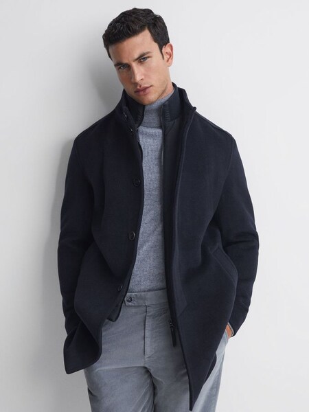 Wool Removable Insert Longline Coat in Navy (N37694) | £328