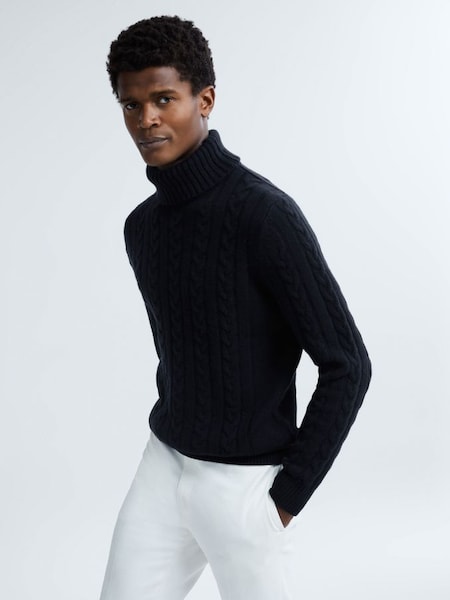 Atelier Cashmere Cable Knit Funnel Neck Jumper in Navy (N37735) | £248