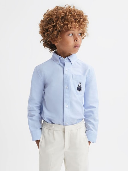 Junior Slim Fit Button-Down Collar Motif Shirt in Soft Blue (N37739) | £30