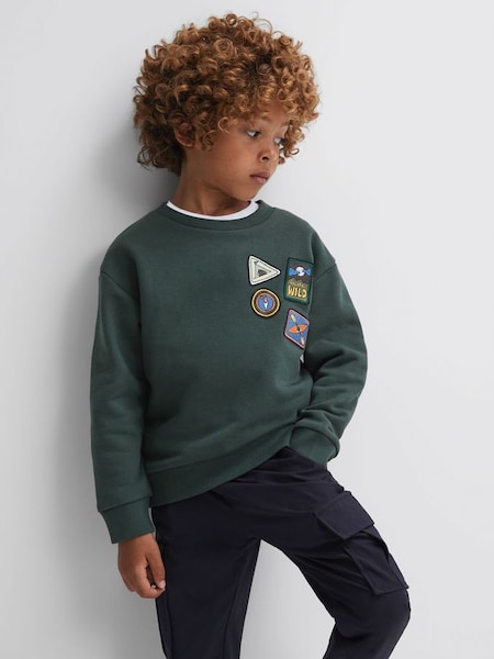 Junior Relaxed Fit Patch Crew Neck Jumper in Forest Green (N39459) | £30