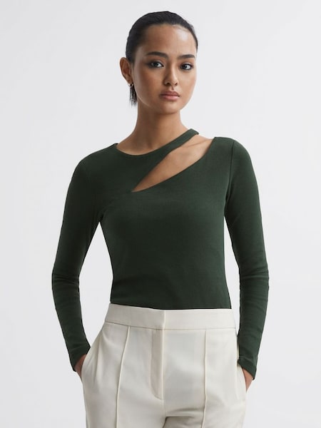 Cotton Cut-Out Long Sleeve Top in Green (N39465) | £28