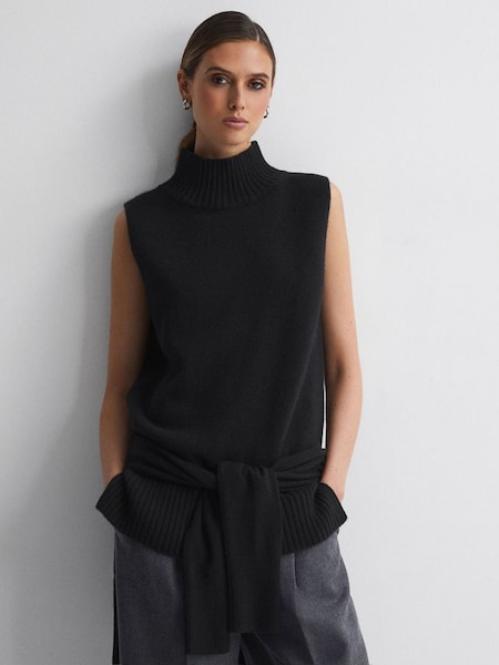 Casual Wool-Cashmere Funnel Neck Sleeveless Top in Black (N39475) | £68