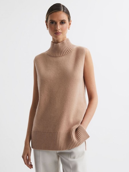 Casual Wool-Cashmere Funnel Neck Sleeveless Top in Camel (N39478) | £68