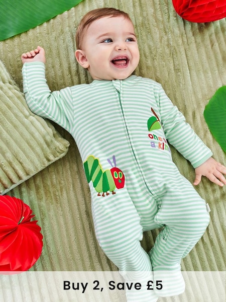 Green The Very Hungry Caterpillar Appliqué Zip Cotton Baby Sleepsuit (N40356) | £23