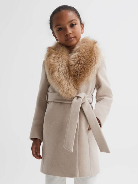 Junior Fur Collar Wool Coat in Oatmeal (N42234) | £118