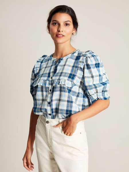 Joules Blue Clarabelle Button Through Blouse With Frill (N42346) | £15