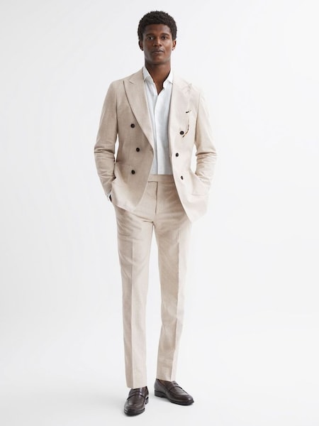 Slim Fit Cotton-Linen Check Adjustable Trousers in Oatmeal (N43508) | £80