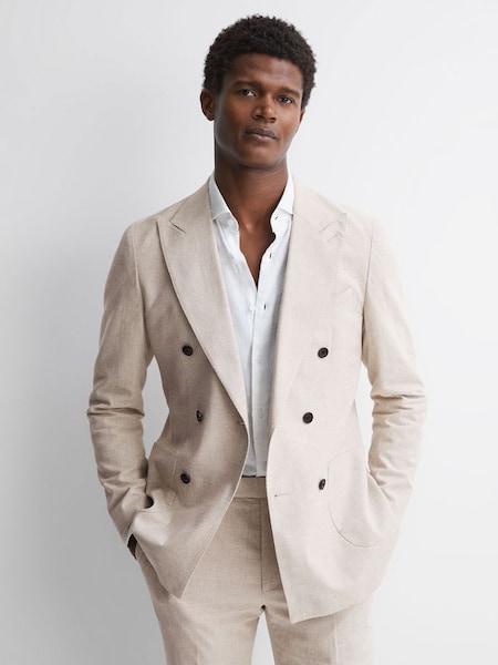 Double Breasted Cotton-Linen Check Blazer in Oatmeal (N43509) | £150
