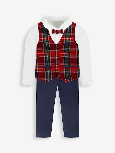 Navy Boys' Tartan Waistcoat, Shirt & Cord Trousers Set With Bow Tie (N44040) | £39.50