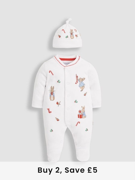 White Peter Rabbit Christmas Cotton Baby Sleepsuit & Hat Set (N46018) | £29