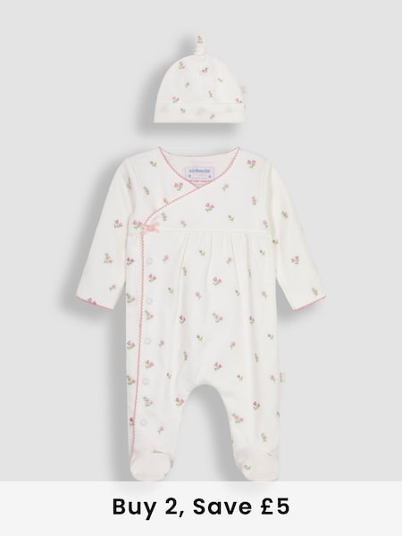 Floral Embroidered Pretty Sleepsuit & Hat in Cream (N49483) | £26