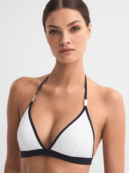 Triangle Halterneck Bikini Top in White/Navy (N51667) | £50