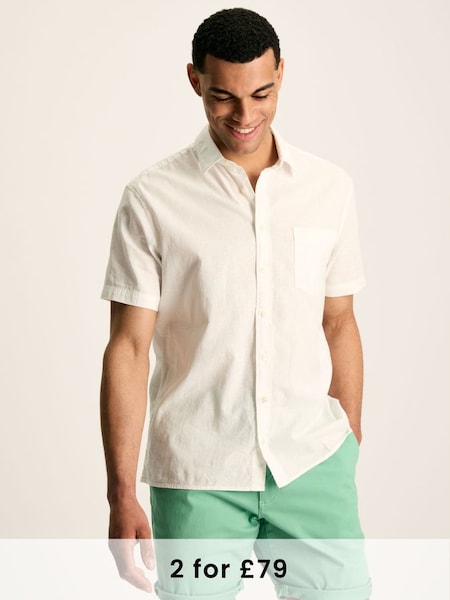 Linen Blend White Plain Short Sleeve Shirt (N52511) | £44.95