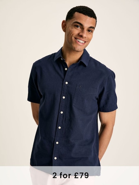 Linen Blend Navy Plain Short Sleeve Shirt (N52524) | £44.95