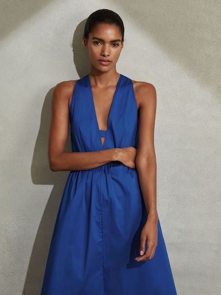 Cotton Blend High-Low Midi Dress in Cobalt Blue (N53960) | £148