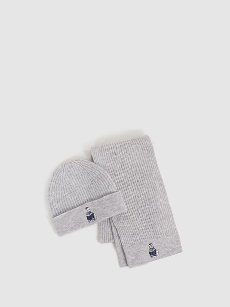 Senior Wool Motif Beanie Hat and Scarf Set in Soft Grey Melange (N56333) | £38