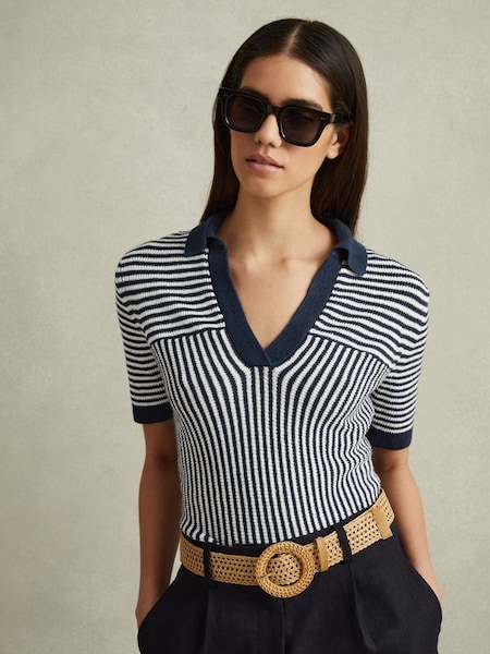 Linen Blend Open Collar Striped Polo Shirt in Navy/Ivory (N69310) | £110