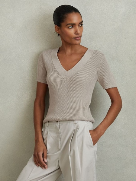 Cotton Blend Knitted V-Neck Top in Neutral (N69325) | £98