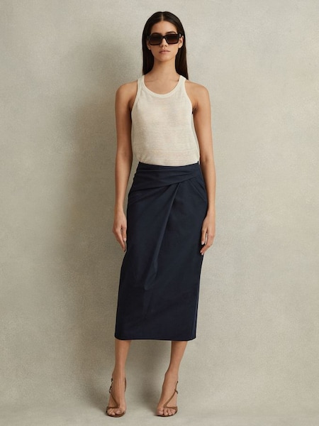 Cotton Blend Wrap Front Midi Skirt in Navy (N69346) | £138