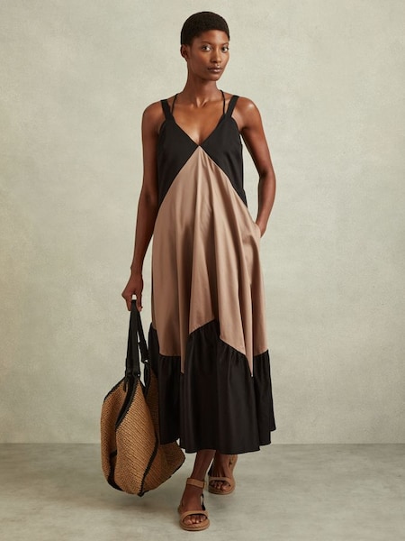 Cotton Colourblock Flounced Midi Dress in Brown/Black (N71505) | £168