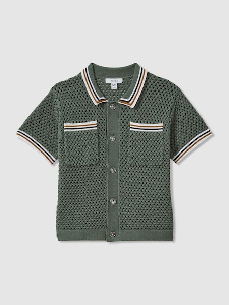 Crochet Contrast Trim Shirt in Dark Sage Green (N71537) | £54