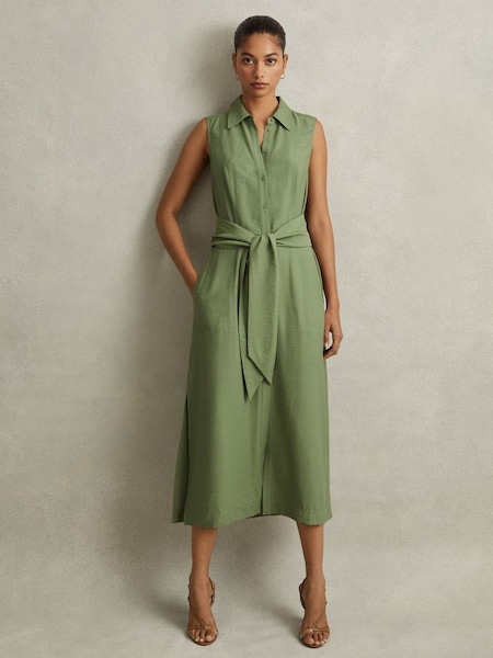 Viscose Blend Belted Shirt Dress in Green (N72411) | £128