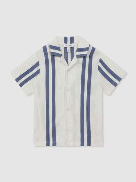 Ribbed Striped Cuban Collar Shirt in White/Airforce Blue (N72476) | £34