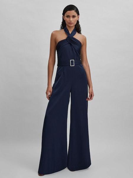 Halston Satin Halter Neck Jumpsuit in Black (N72478) | £665