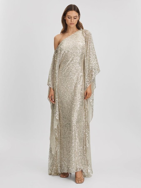 Halston Sequin Off-The-Shoulder Maxi Dress in Champagne (N72511) | £787