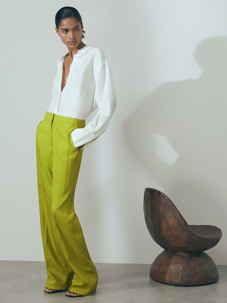 Atelier Italian Textured Slim Flared Suit Trousers in Green (N72531) | £325
