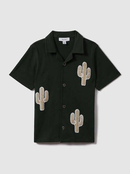 Teen Cotton Cactus Patch Cuban Collar Shirt in Dark Green (N74069) | £40