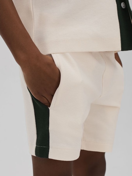 Junior Textured Cotton Drawstring Shorts in Ecru/Green (N74160) | £34
