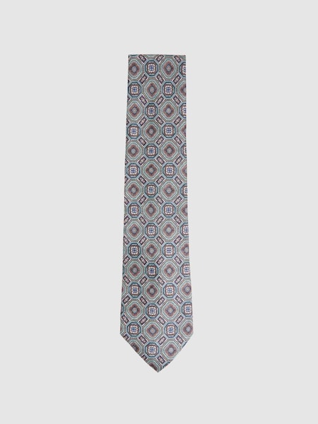 Silk Medallion Print Tie in Sea Green (N74162) | £68