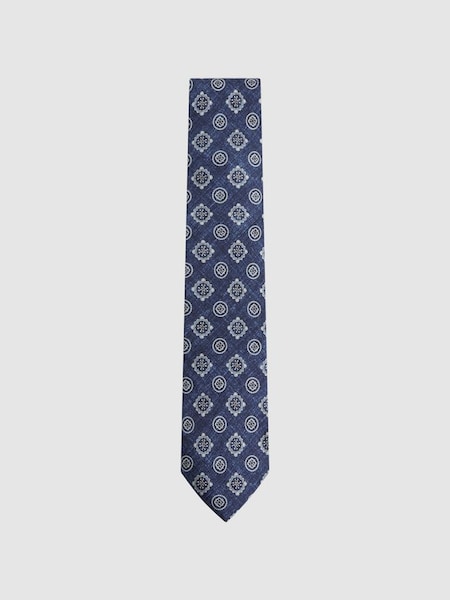 Silk Medallion Print Tie in Indigo Melange (N74201) | £68