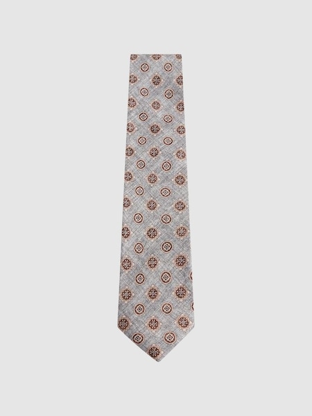 Silk Medallion Print Tie in Grey Melange (N74216) | £68