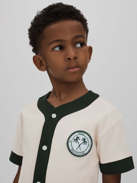 Senior Textured Cotton Baseball Shirt in Ecru/Green (N74223) | £42
