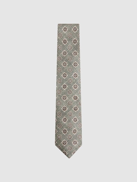 Silk Medallion Print Tie in Sage Melange (N74235) | £68
