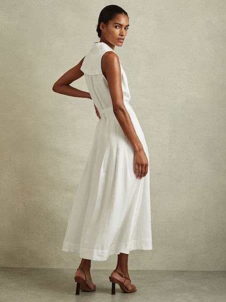 Petite Viscose Linen Belted Midi Dress in White (N74238) | £178