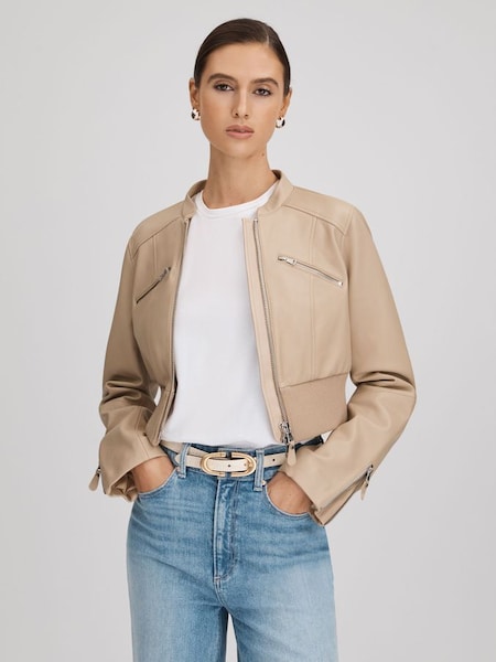 Paige Cropped Leather Jacket in Cream (N74247) | £805
