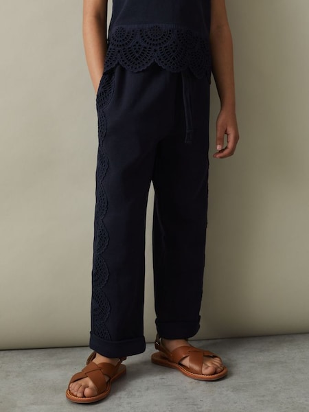 Cotton Broderie Drawstring Co-Ord Trousers in Navy (N74248) | £45