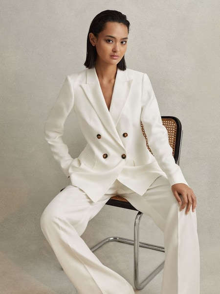 Petite Viscose-Linen Double Breasted Suit Blazer in White (N74286) | £298
