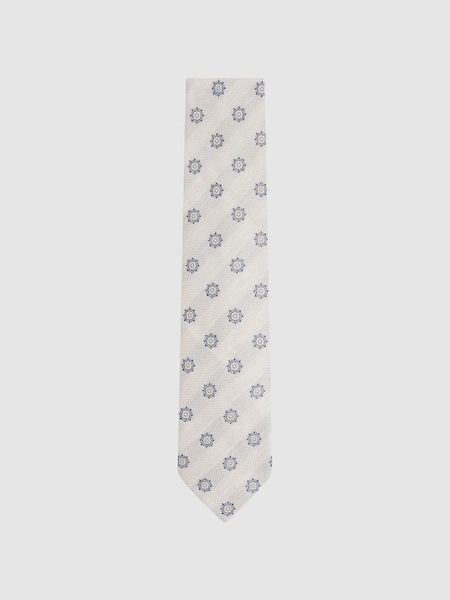 Linen Silk Medallion Print Tie in Ivory (N74303) | £68