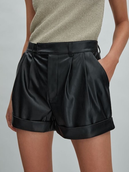 Paige Front Pleat Faux Fur Leather Shorts in Black (N74310) | £220
