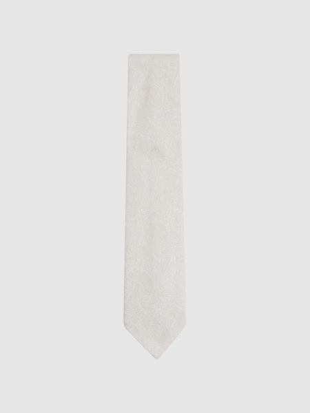Silk Blend Jacquard Paisley Print Tie in Ivory (N74339) | £68